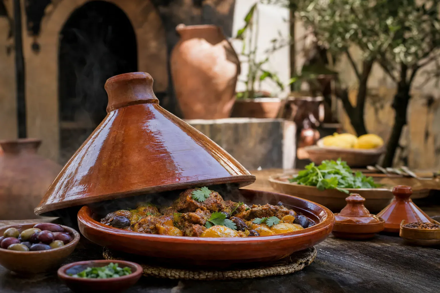 Plat mijoté épicé servi à la pince, garni d'herbes fraîches et d'oignons rouges, évoquant l'histoire du tajine