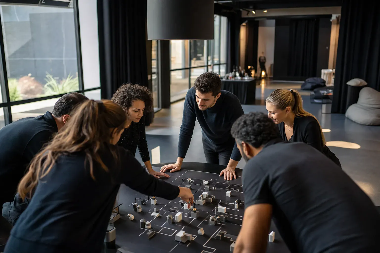 Vaste espace industriel aux piliers de brique et grandes fenêtres, type de local d’entreprise pouvant accueillir un team building