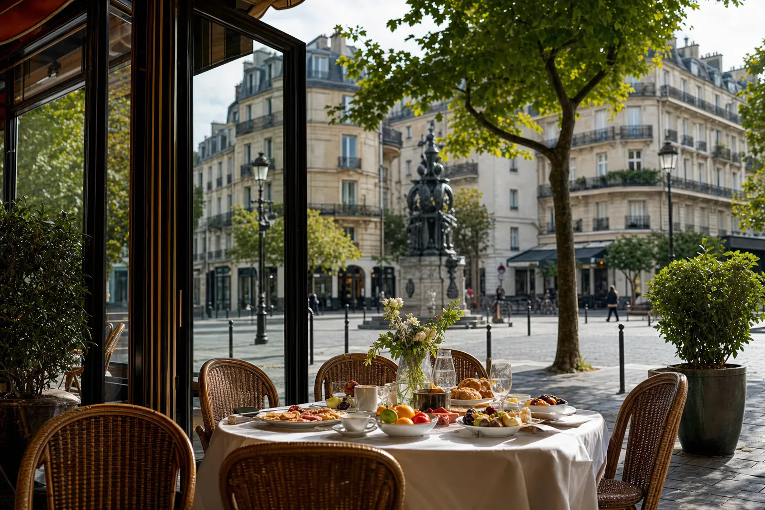 Brunch table seen from above with eggs, smoked salmon, salad and pastries
