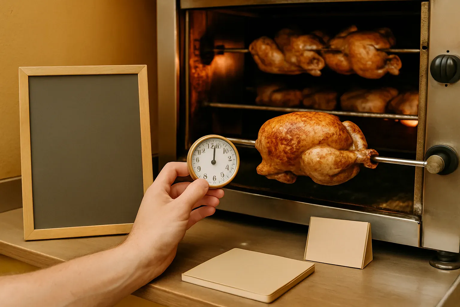 Poulet entier doré rôti à la broche, illustration du temps de cuisson chez O'Poulet d'Or