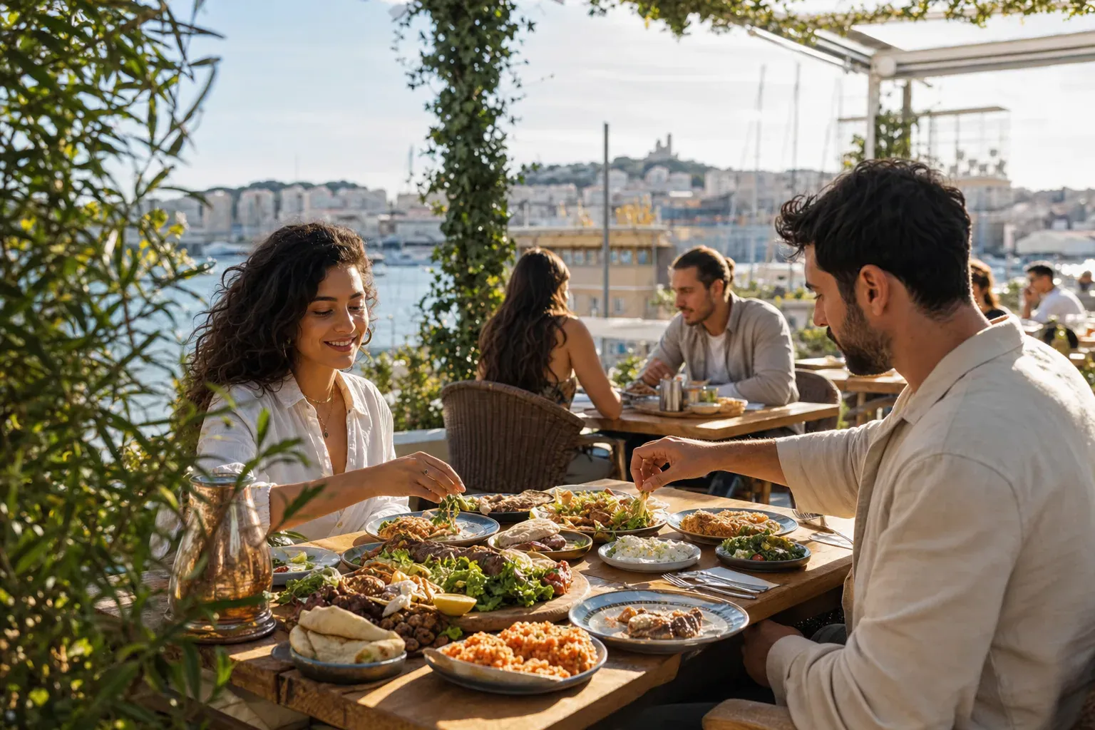 Terrasse d'un restaurant turc à Marseille : repas de grillades en extérieur sous le soleil provençal
