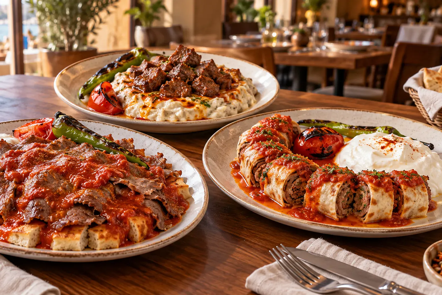 Illustration de l’Iskender, du Beyti et de l’Alinazik, trois kebabs turcs en sauce tomate et yaourt servis à Marseille