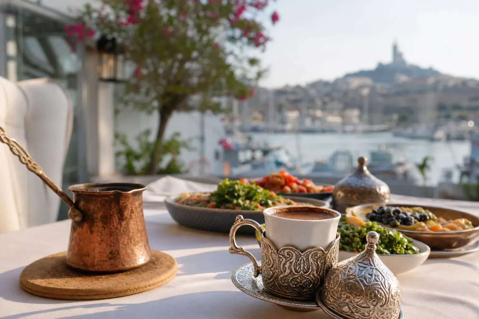 Illustration du café turc servi en petite tasse avec son cezve, rituel de fin de repas à Marseille