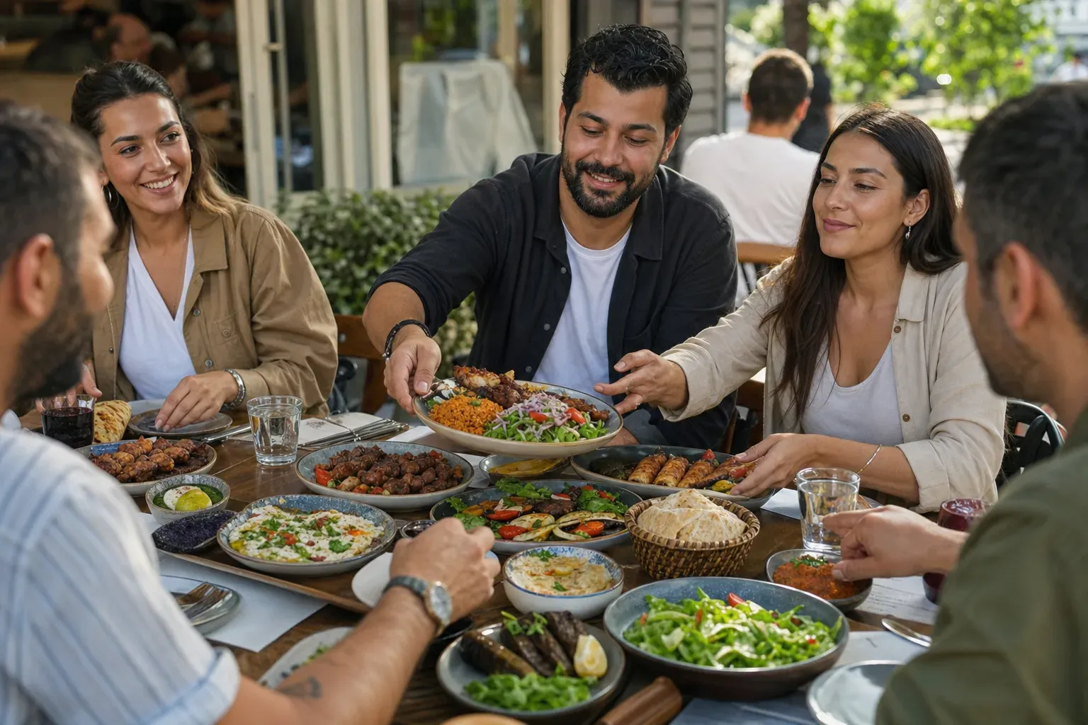 Plats turcs à partager disposés sur une grande table conviviale à Marseille