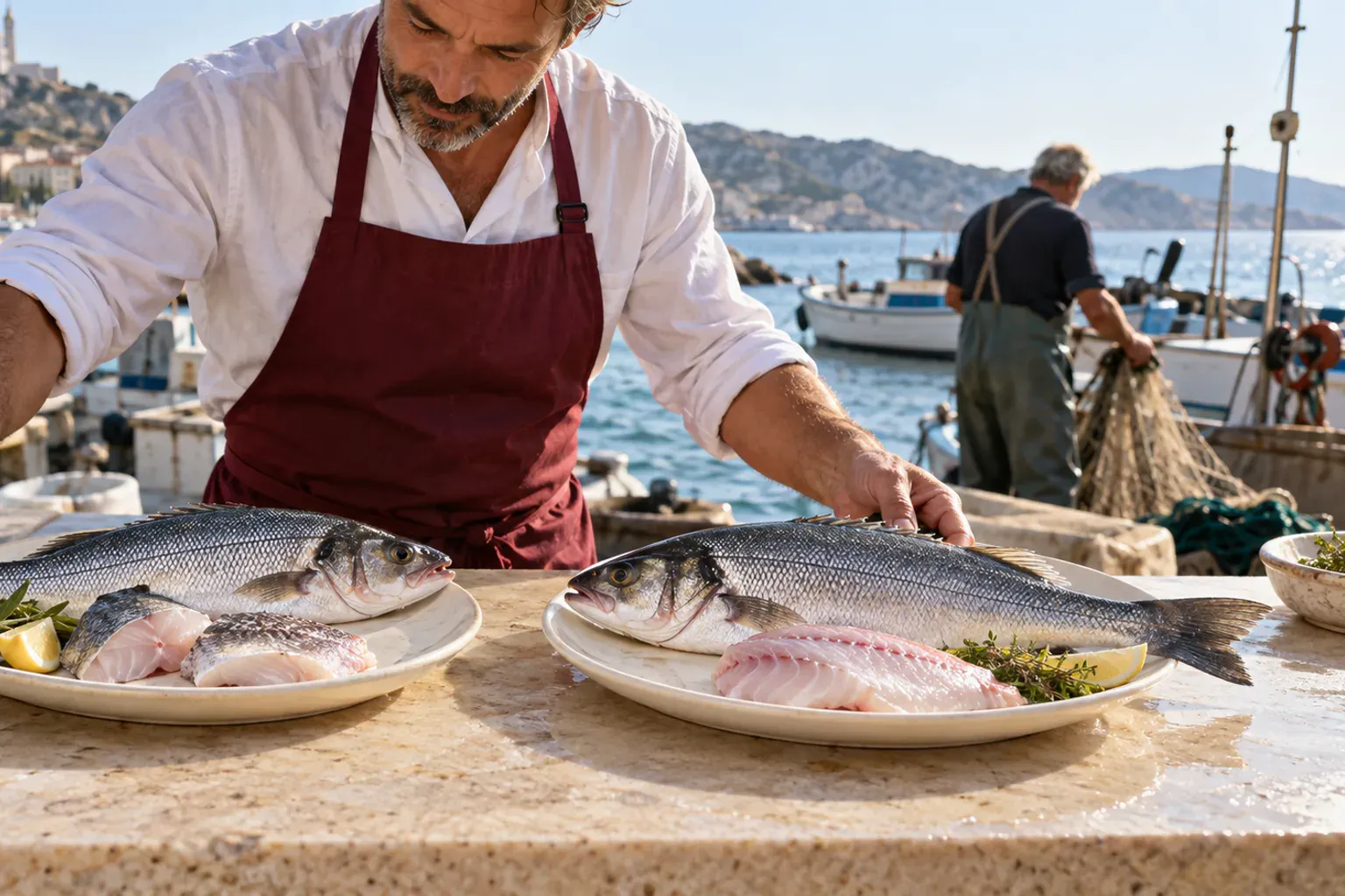 Étal de poissons entiers et de crevettes posés sur la glace, garnis de citron, à l'Estéou, Pointe Rouge à Marseille.