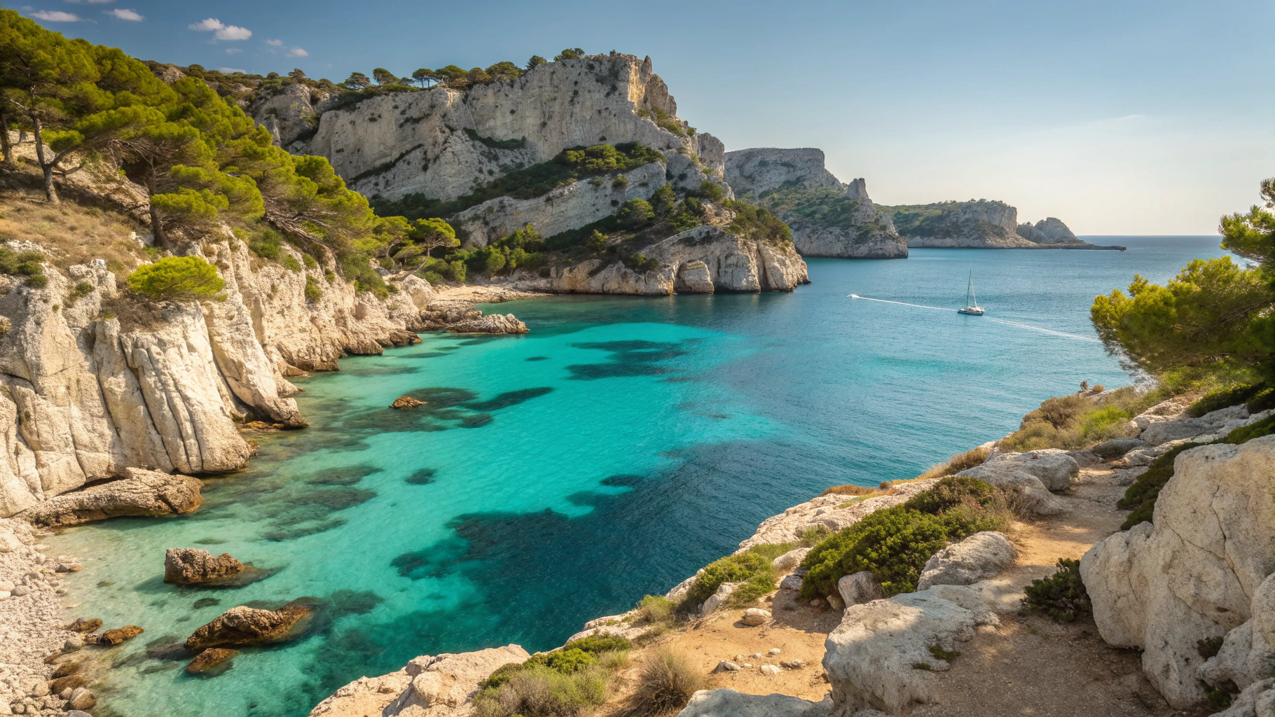 Calanques marseillaises, eau turquoise et falaise blanche