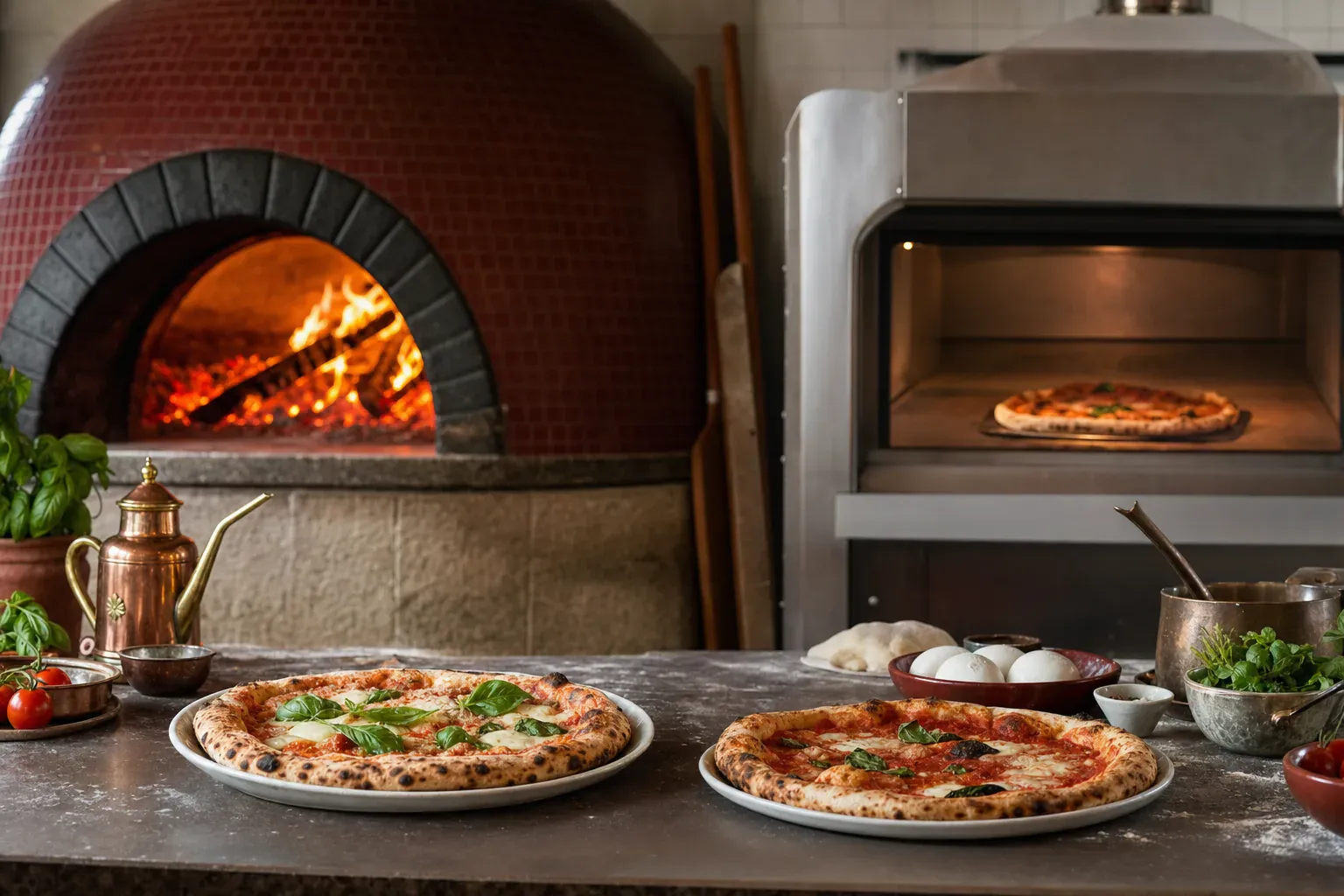 Illustration comparing wood-fired and traditional oven pizza baking, l'Estéou's craft