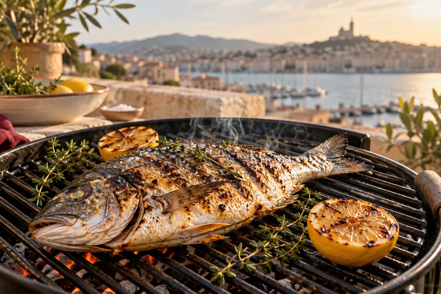 Poisson entier grillé dressé sur un plateau argenté avec citron, citron vert et tomates à l'Estéou, Marseille.