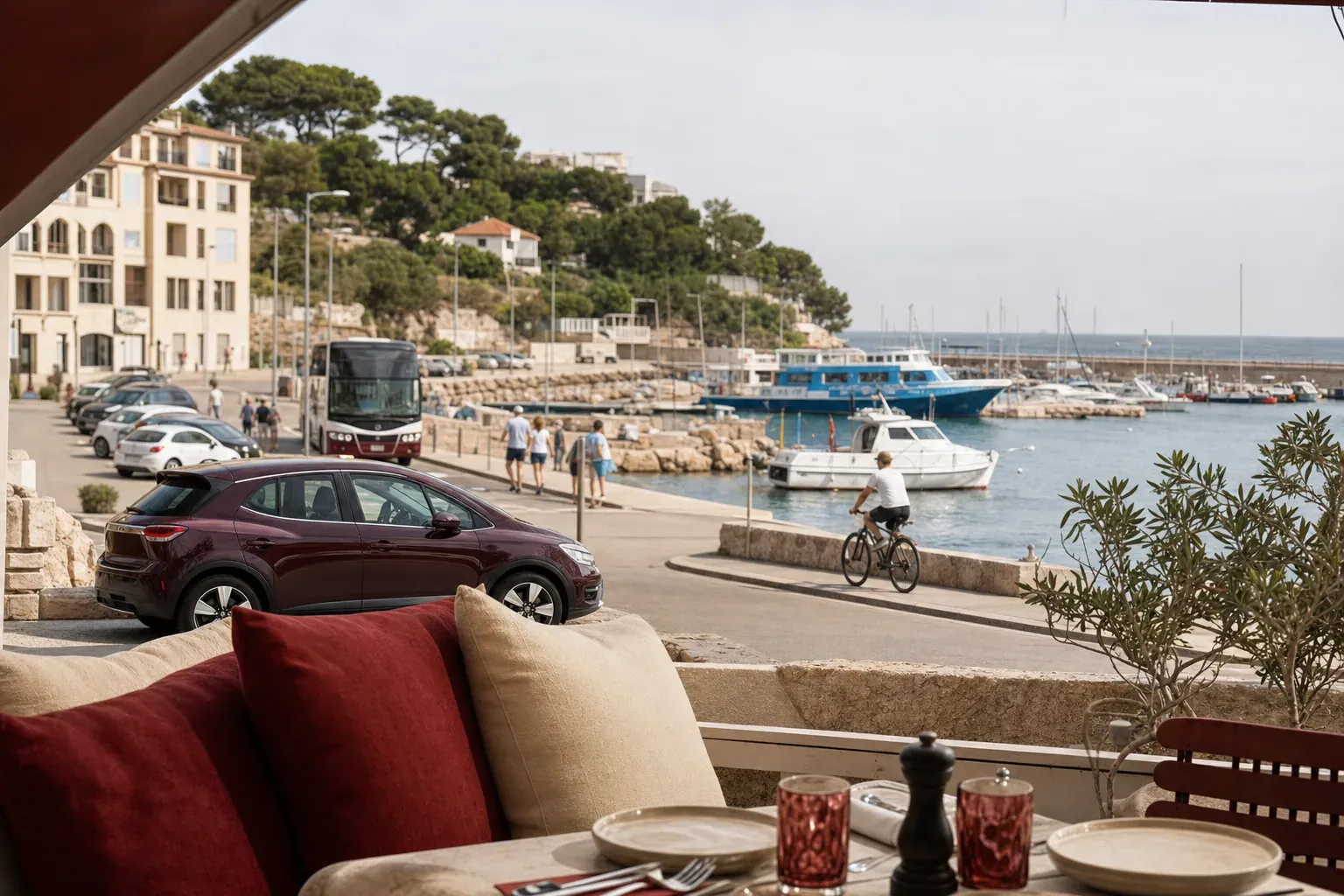 Illustration éditoriale de l'accès à la Pointe Rouge à Marseille — port, plage et itinéraires, dans les tons de l'Estéou.
