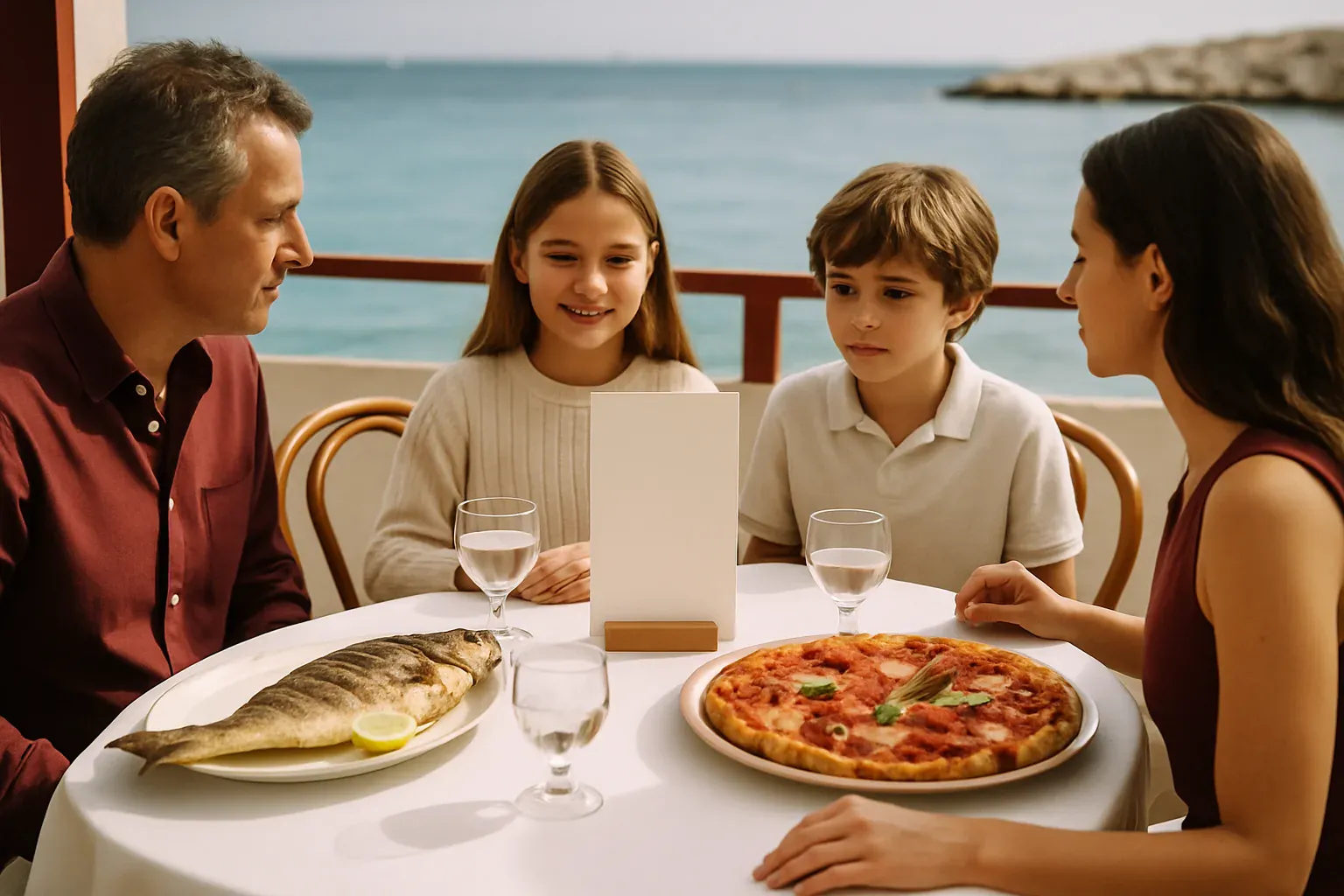 Editorial illustration: a family table bringing together a wood-fired pizza and grilled fish facing the sea in Marseille