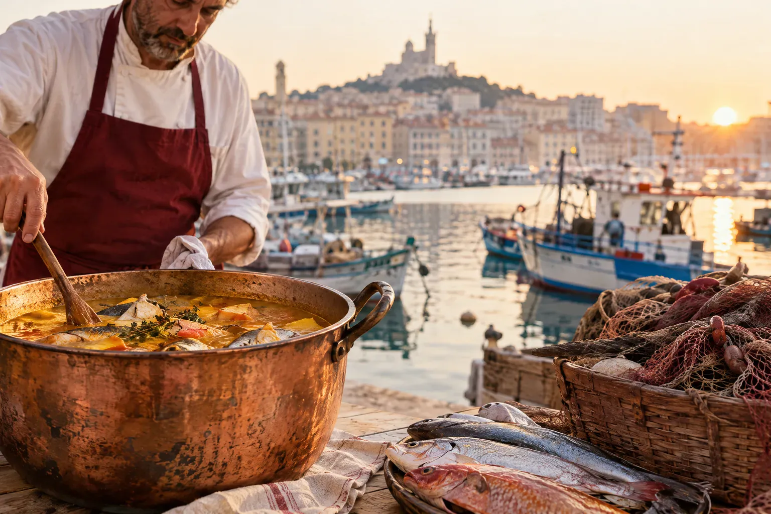 Illustration of the origin of bouillabaisse: fishermen's cauldron and rockfish by the sea in Marseille