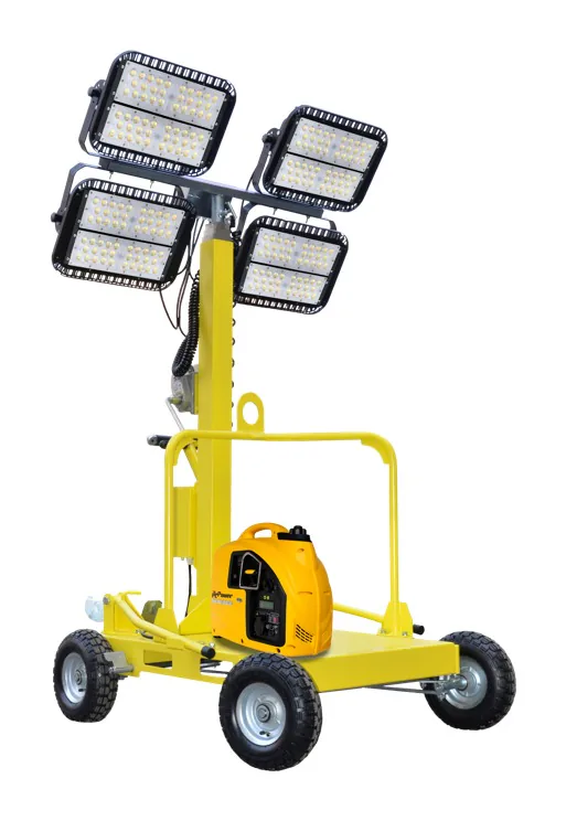 Un mât à projecteurs LED sur chariot jaune.