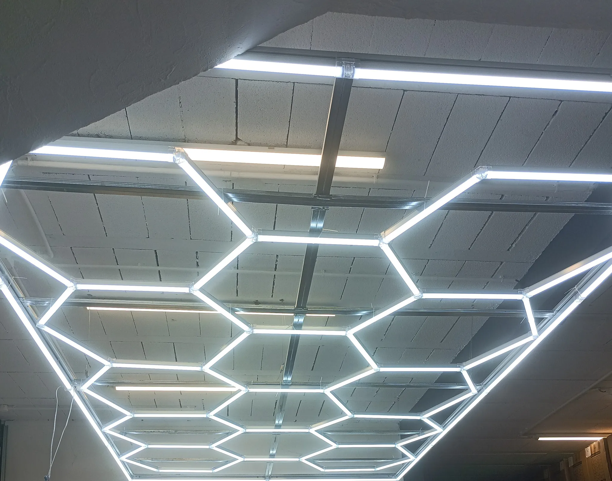 Un plafond de tubes lumineux formant des alvéoles hexagonales.