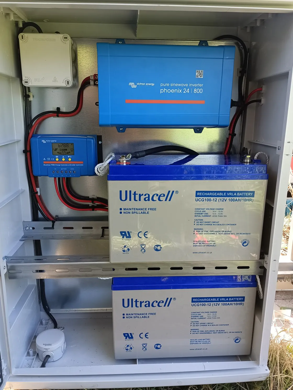 Une armoire extérieure ouverte : onduleur et régulateur bleus, deux batteries.