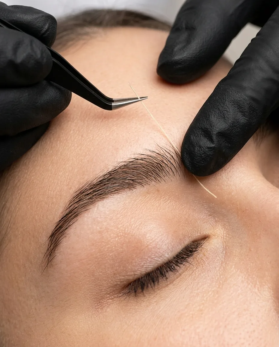 Pose de fils de collagène sur le visage, geste précis en cabine