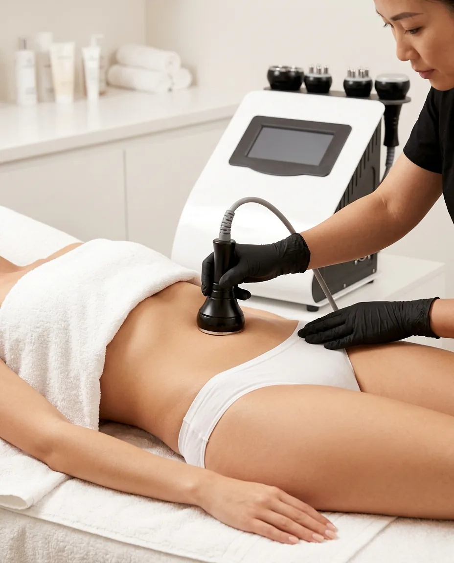 Séance de lipocavitation sur le ventre, pièce à main ultrasons et gant noir