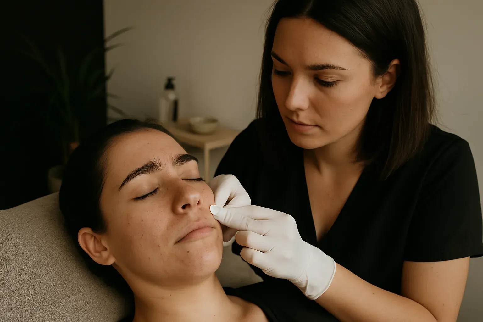 Nettoyage de peau par hydradermabrasion sur une cliente allongée, cabine privée du studio à Marseille 6ᵉ