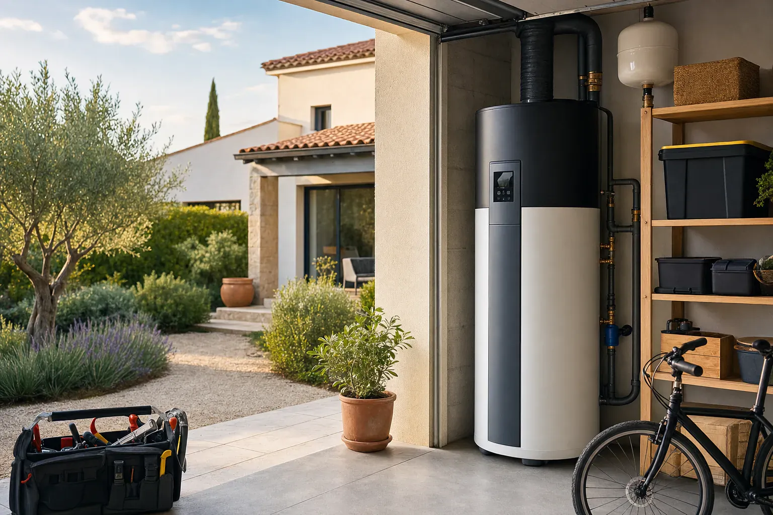 Chauffe-eau thermodynamique installé dans un local technique d'une maison de la région de Montpellier