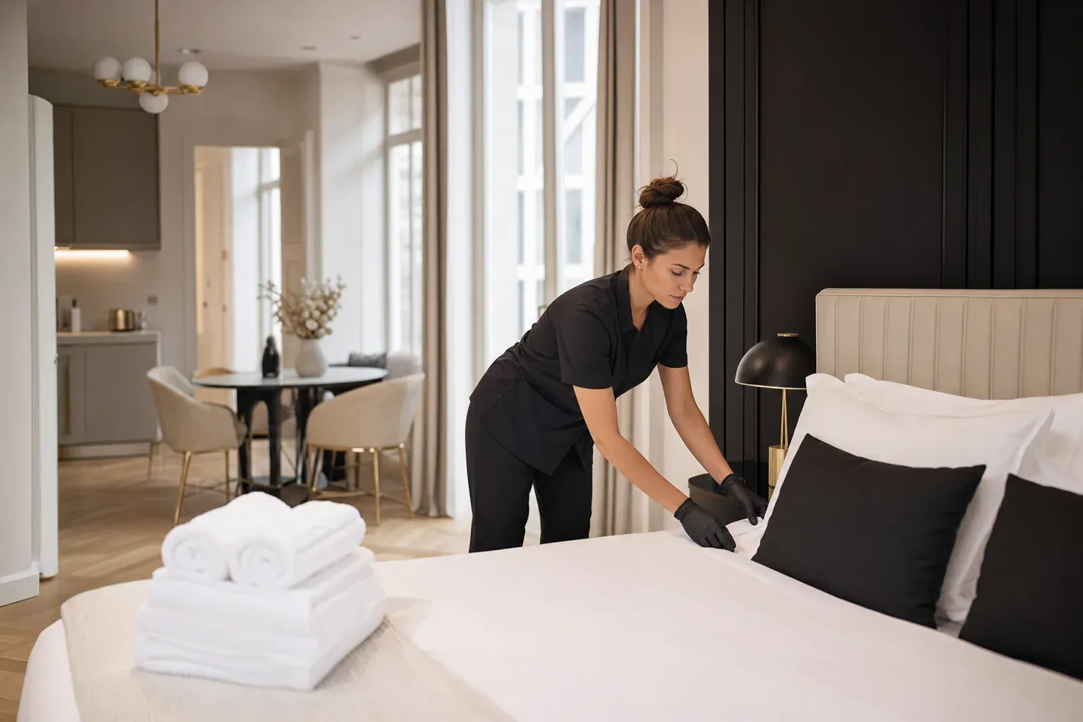 Chambre au standard hôtelier, lit blanc fait au carré après le passage d'un service ménage Airbnb