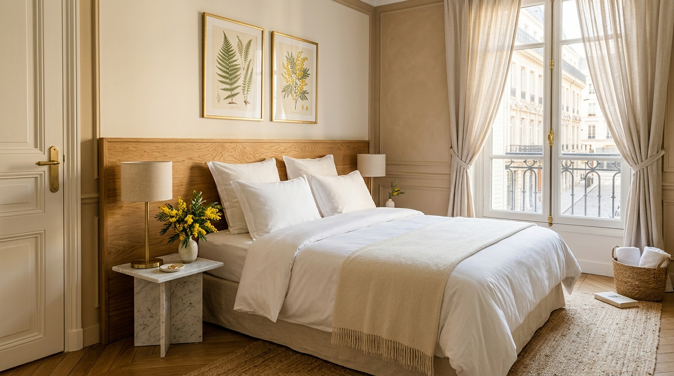 Chambre élégante avec linge de lit blanc impeccable, standard de propreté hôtelier