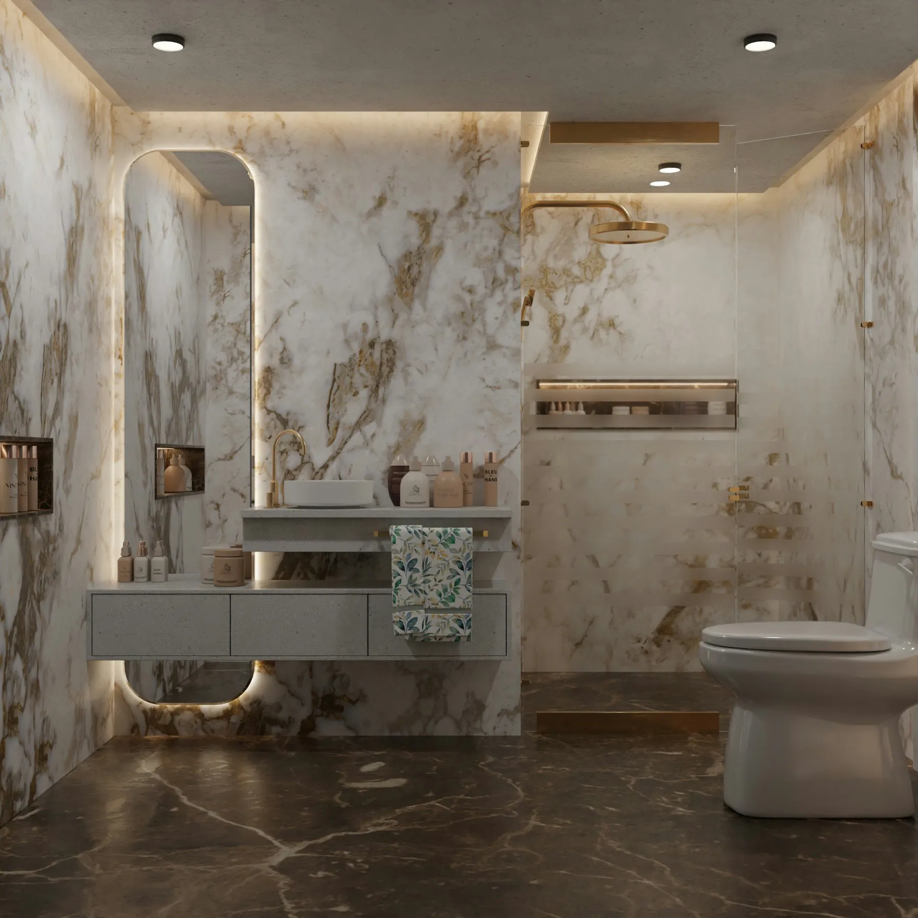 Salle de bain en marbre avec robinetterie moderne