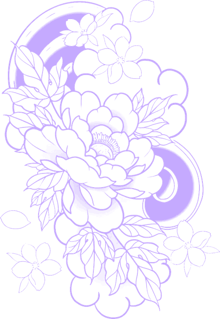 Flash au trait violet d'une pivoine et de fleurs de cerisier, dans l'univers graphique du salon