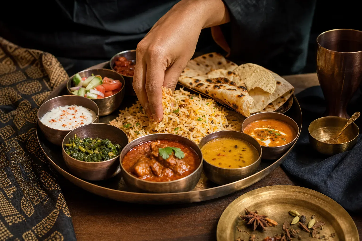 Illustration : Comment manger un thali : le guide du plateau indien, plat par plat