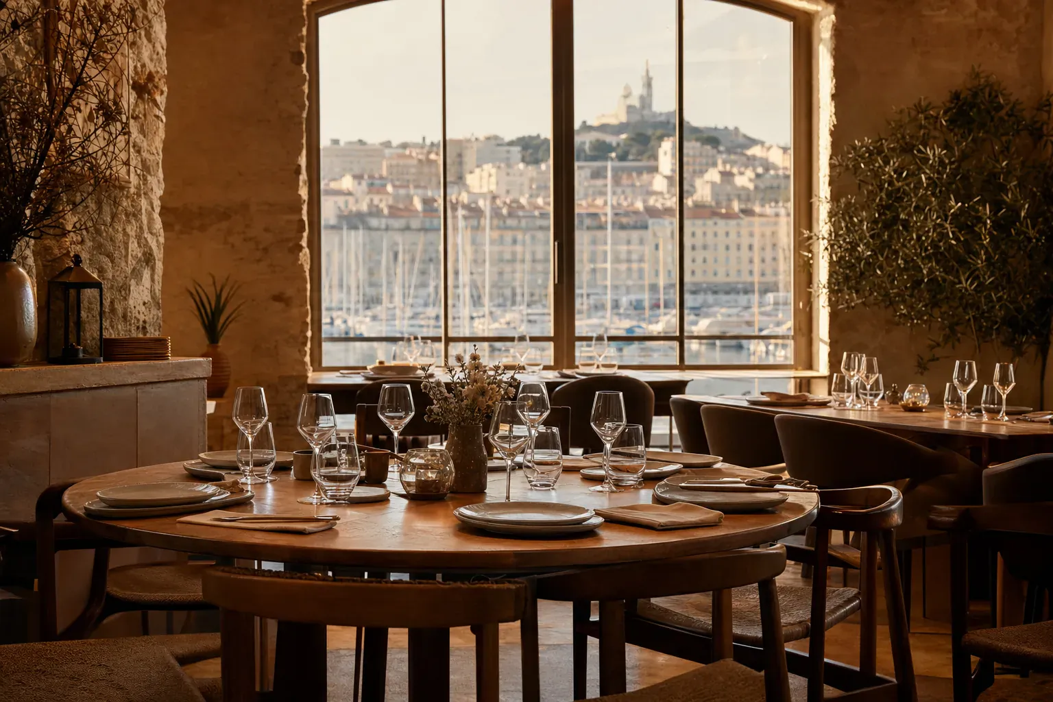 Intérieur lumineux d’un restaurant urbain à Marseille, tables en bois et plantes, prêt pour une privatisation