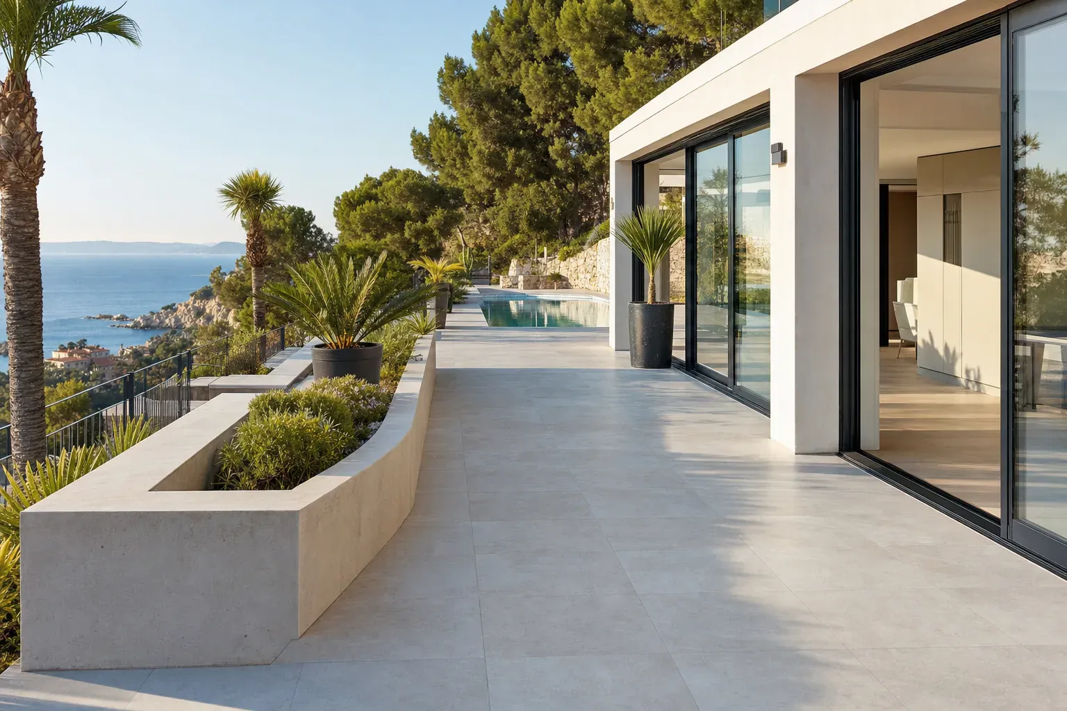 Terrasse et plage de piscine carrelées sous le soleil méditerranéen en PACA