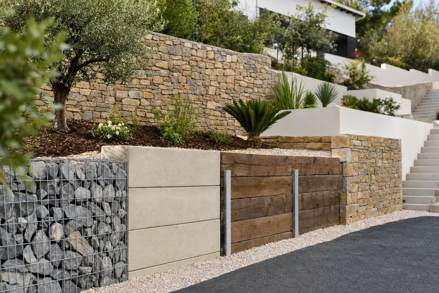 Mur de soutènement retenant un terrain pentu en Provence : comparaison gabion, béton armé et pierre sèche