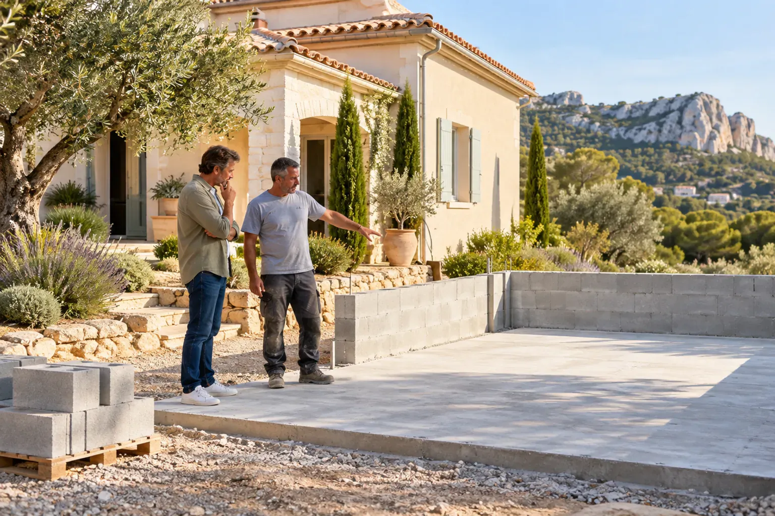 Illustration d'un garage maçonné en construction près d'une maison provençale