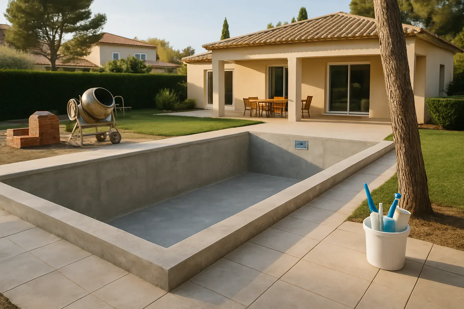 Piscine en béton d'une villa des Bouches-du-Rhône avec plages et margelles maçonnées
