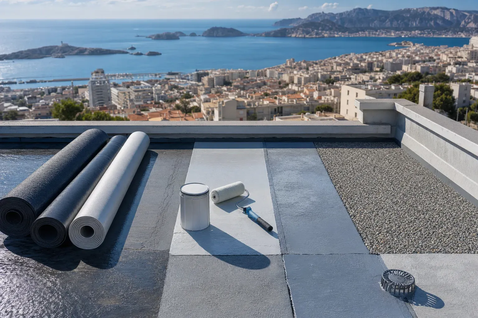 Toiture-terrasse d'une villa provençale avec son revêtement d'étanchéité et ses relevés