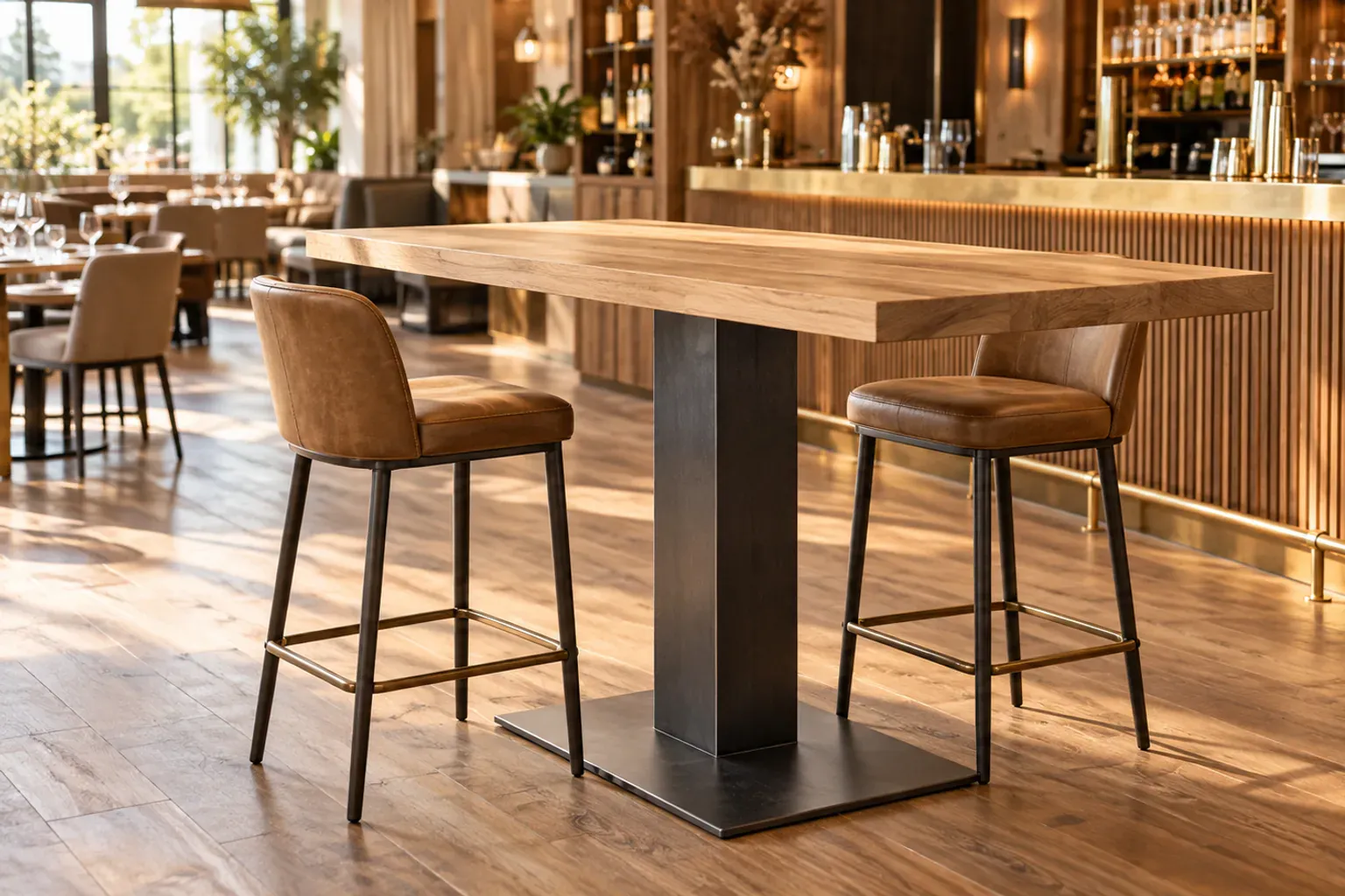 Salle d’un café-tabac moderne avec tables en bois, banquettes rouges et comptoir