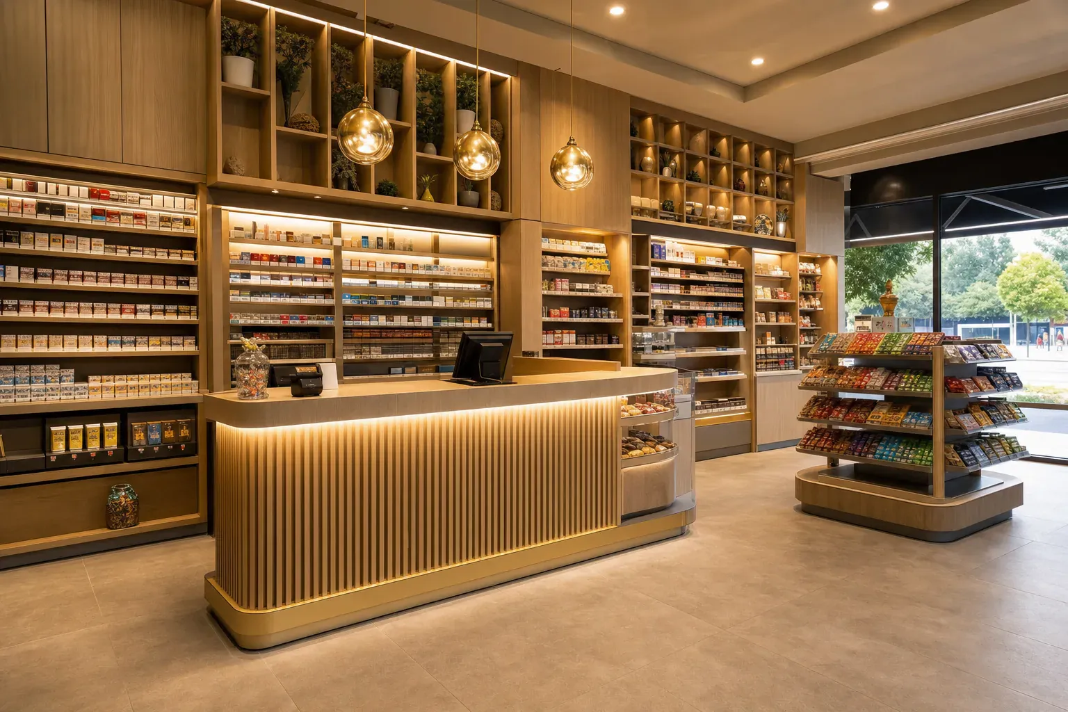 Intérieur d’un bureau de tabac-presse moderne avec rayons magazines, vitrines CBD et vape et comptoir