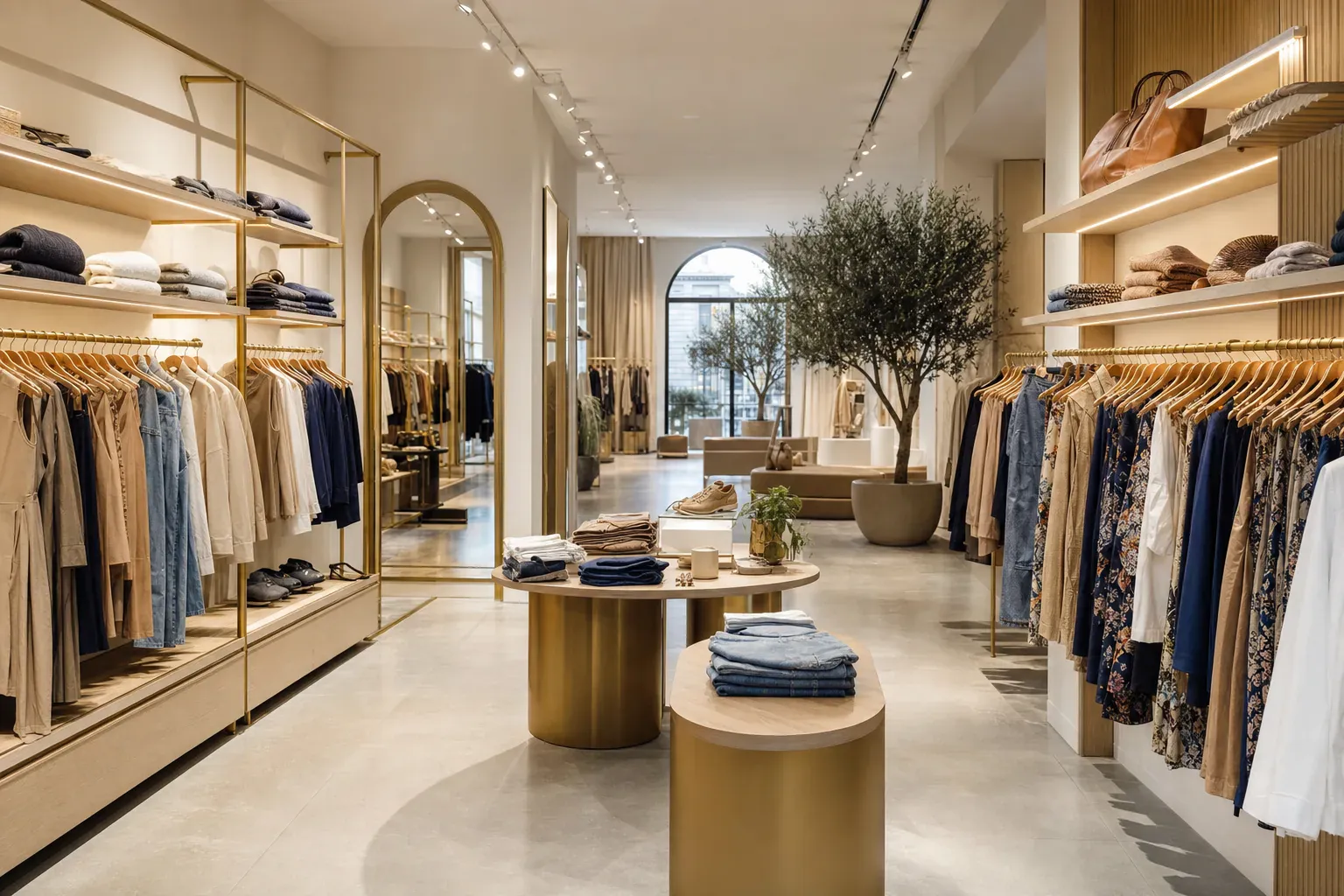 Intérieur d'un magasin de prêt-à-porter avec vêtements colorés, accessoires et présentoirs de mode