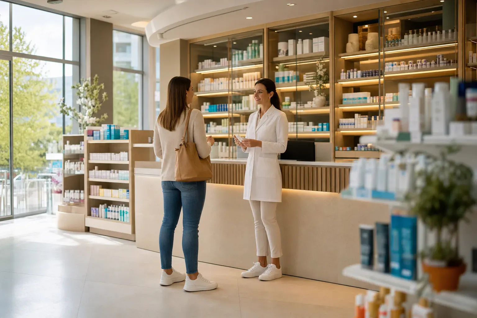 Intérieur d'une pharmacie aux rayonnages de parapharmacie soignés, organisés par univers
