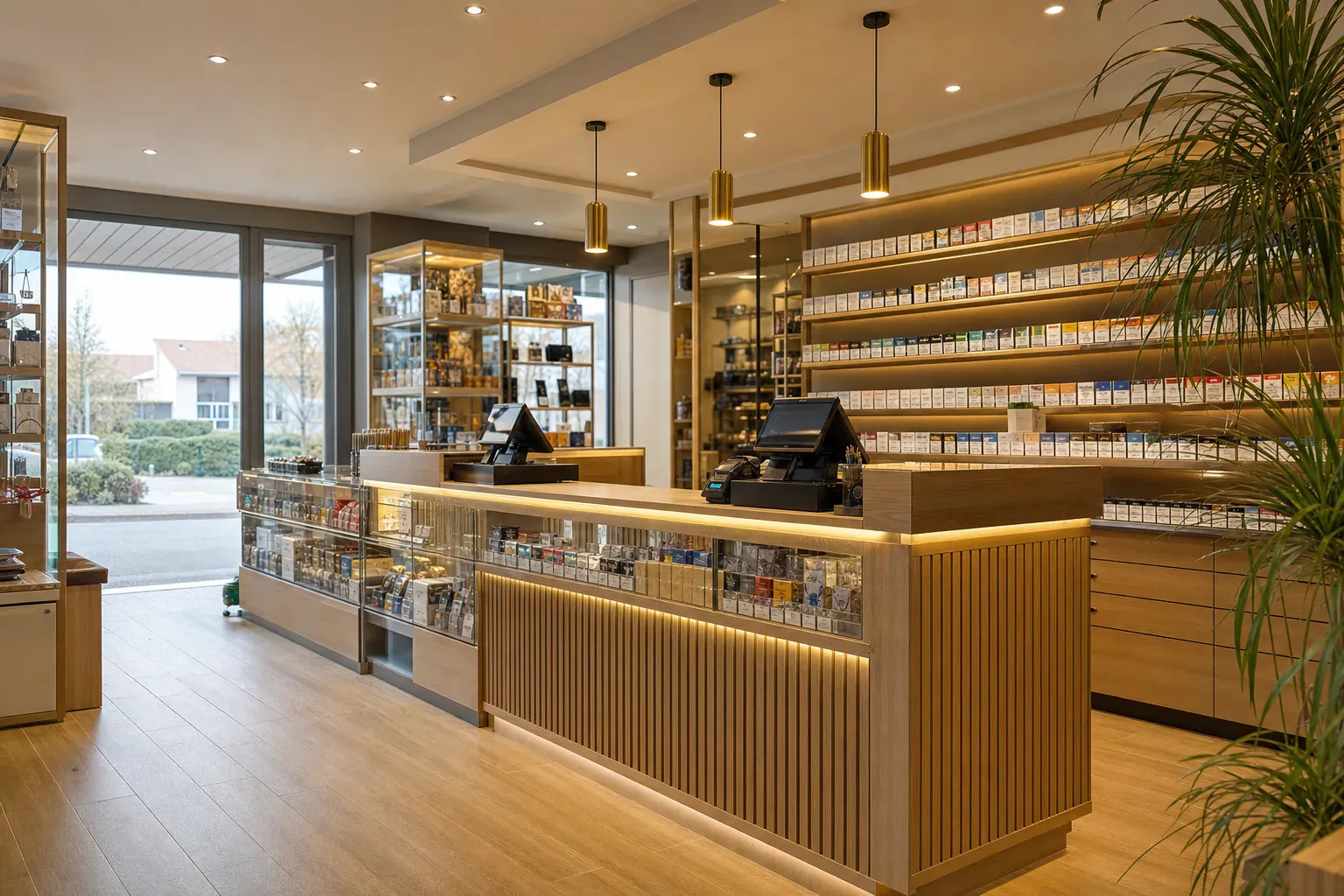 Comptoir de bureau de tabac-presse avec linéaire tabac côté vendeur et vitrines fermées