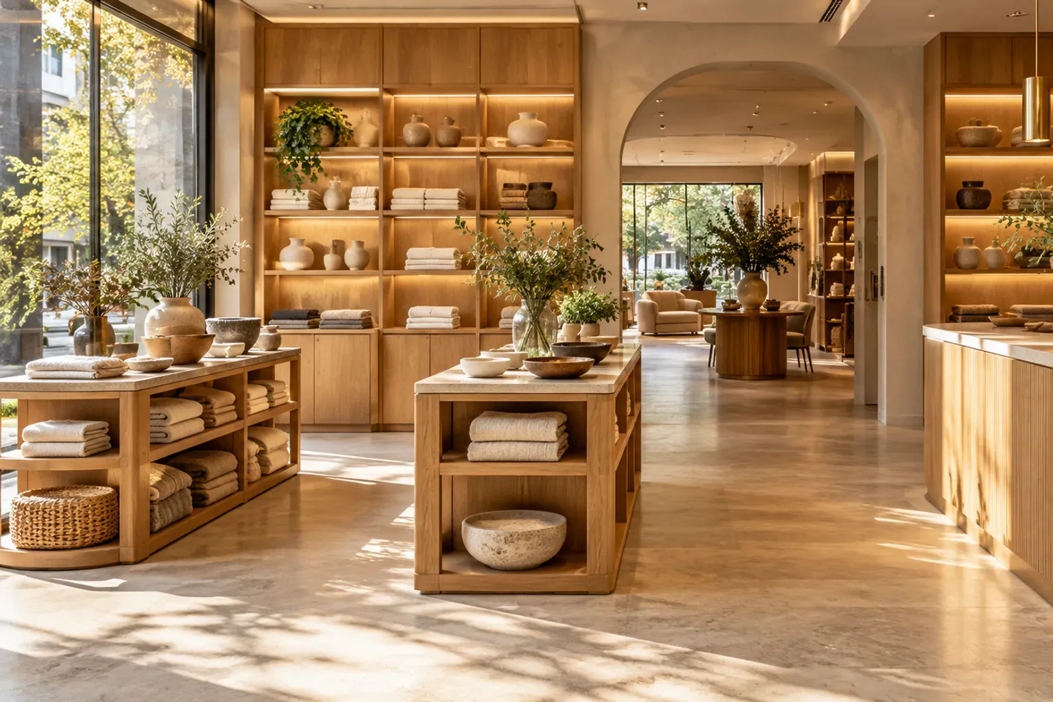 Intérieur d'un commerce de proximité agencé avec rayonnages muraux, gondoles et circulation dégagée