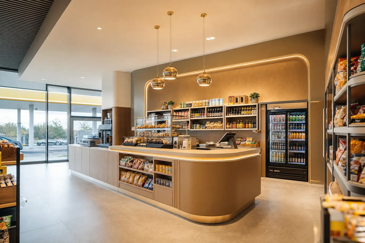 Intérieur d’une boutique de proximité bien agencée avec rayons de boissons, épicerie et commerce