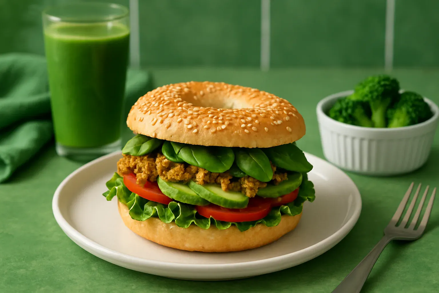 Bagel vegan composé de garnitures 100 % végétales : légumes frais, avocat et roquette