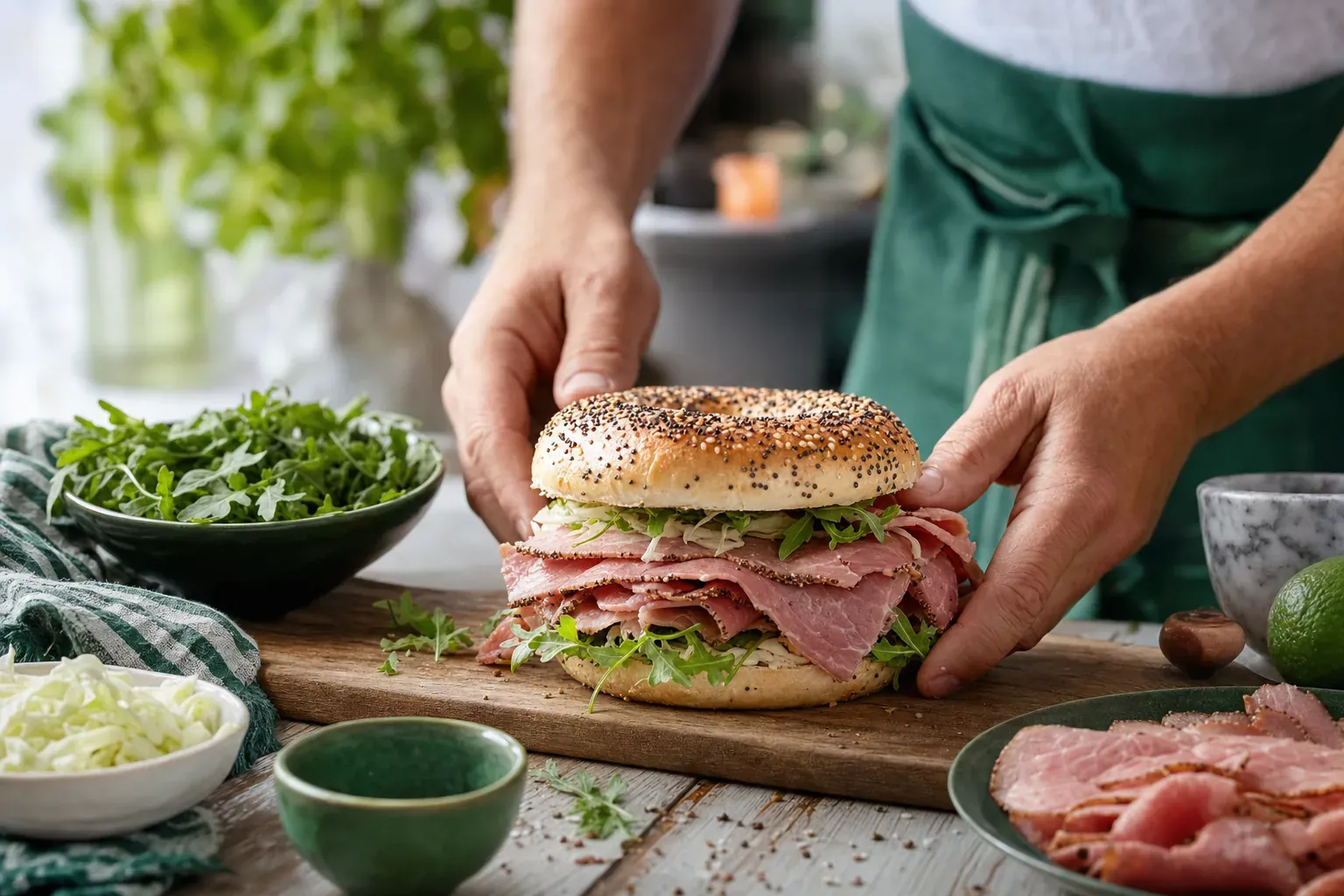 Pastrami bagel garni de viande fumée, cheddar, cornichons, salade et sauce moutarde