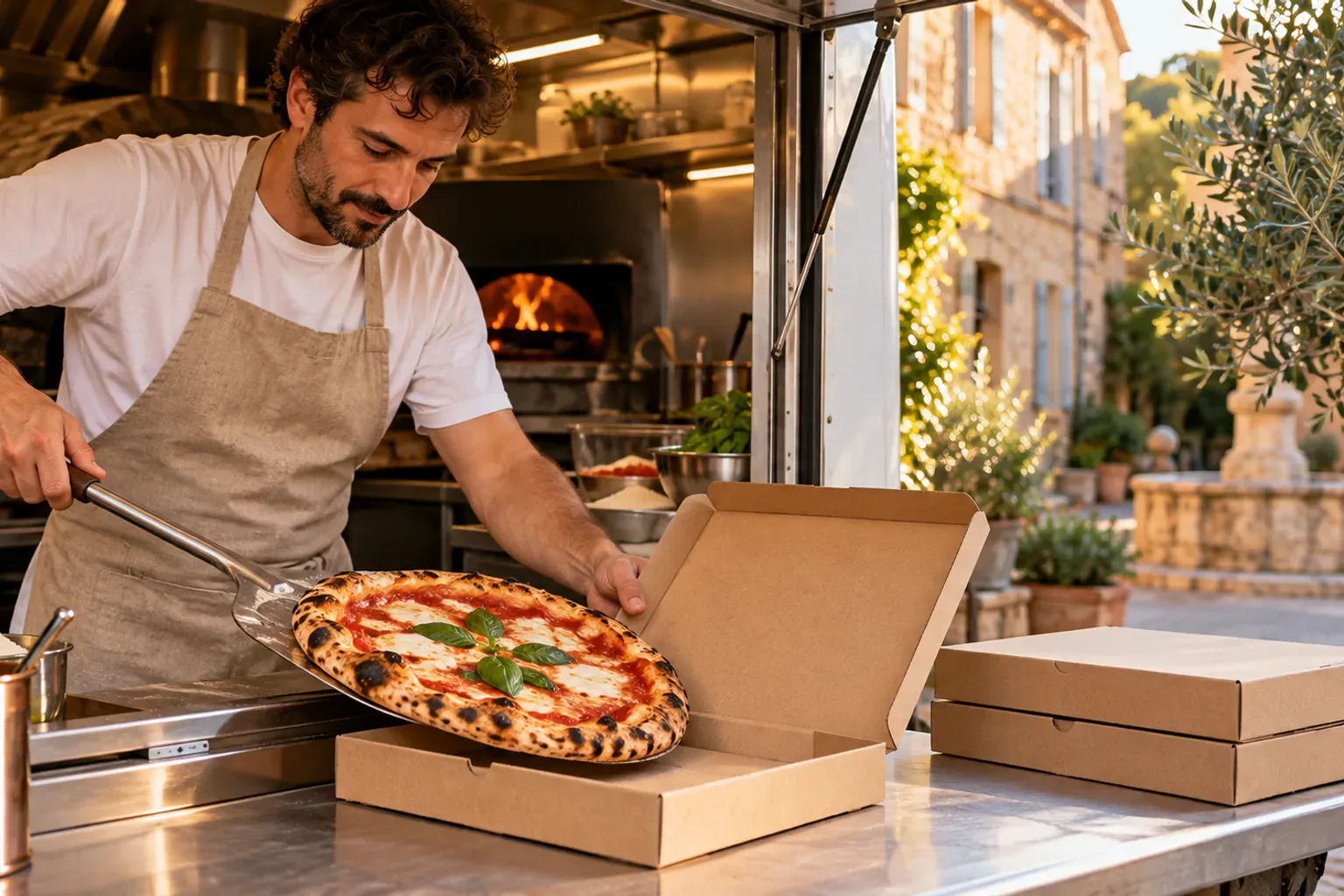 Pizza pepperoni coupée en parts dans sa boîte en carton, prête à emporter à Aix-en-Provence