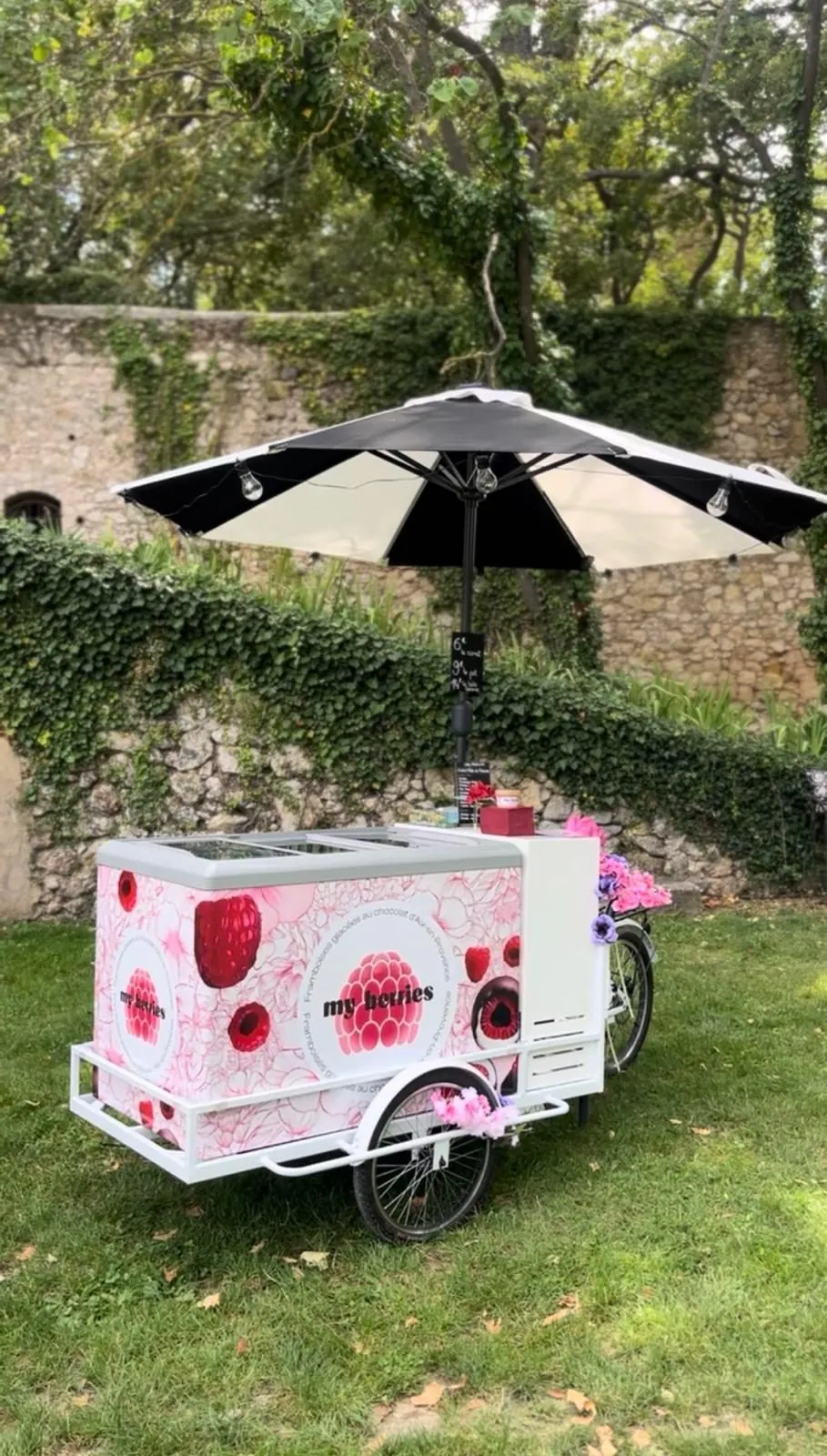 Le tricycle réfrigéré My Berries installé sur une pelouse, sous son parasol