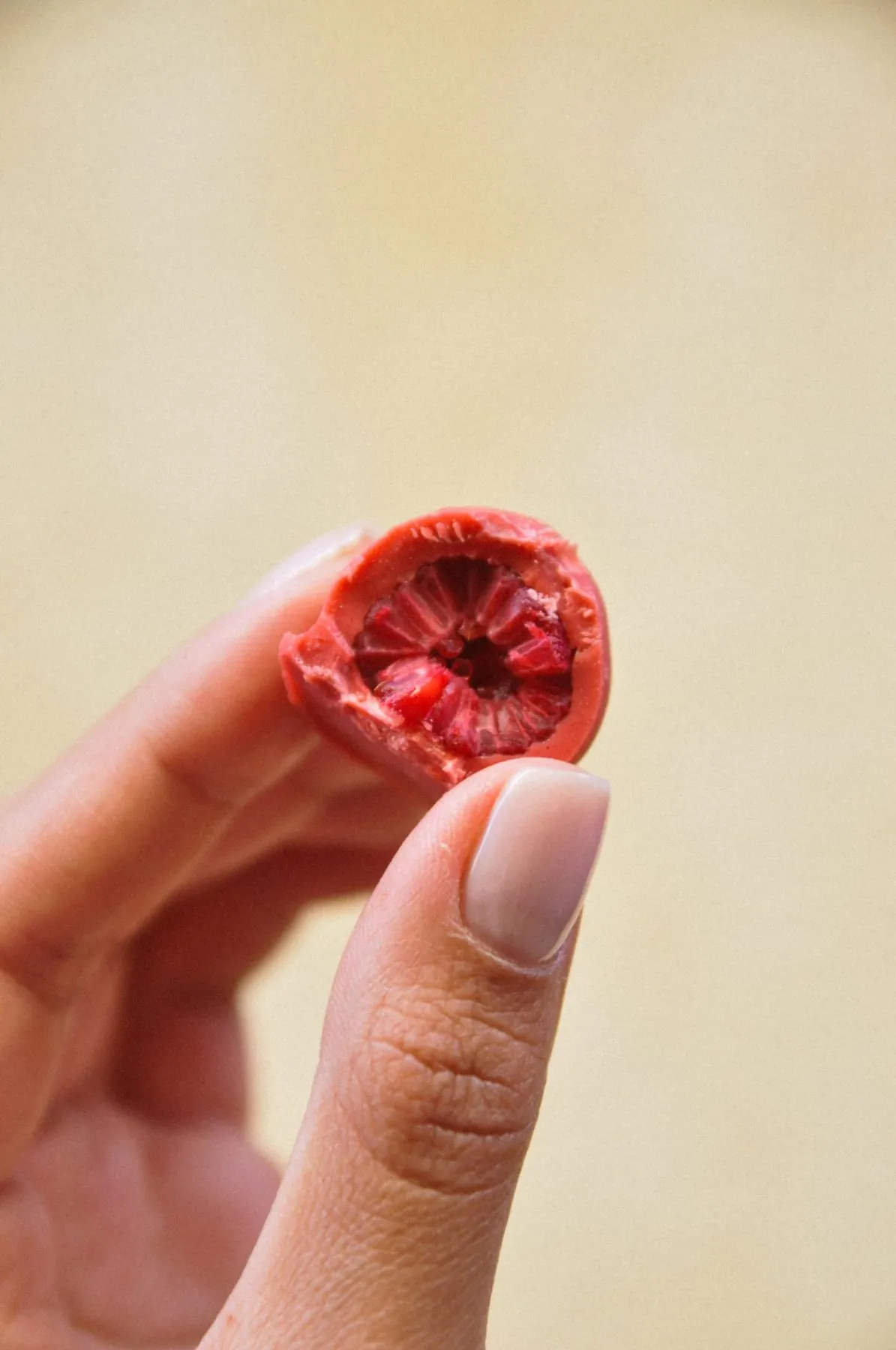 Une framboise enrobée tenue entre deux doigts