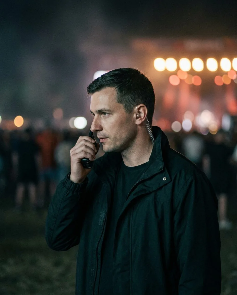 Agent en liaison radio pendant un événement de nuit
