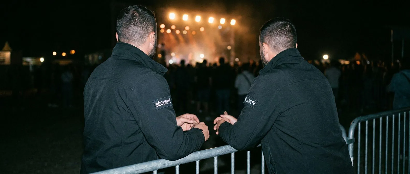 Agents postés à une barrière de filtrage lors d'un événement de nuit