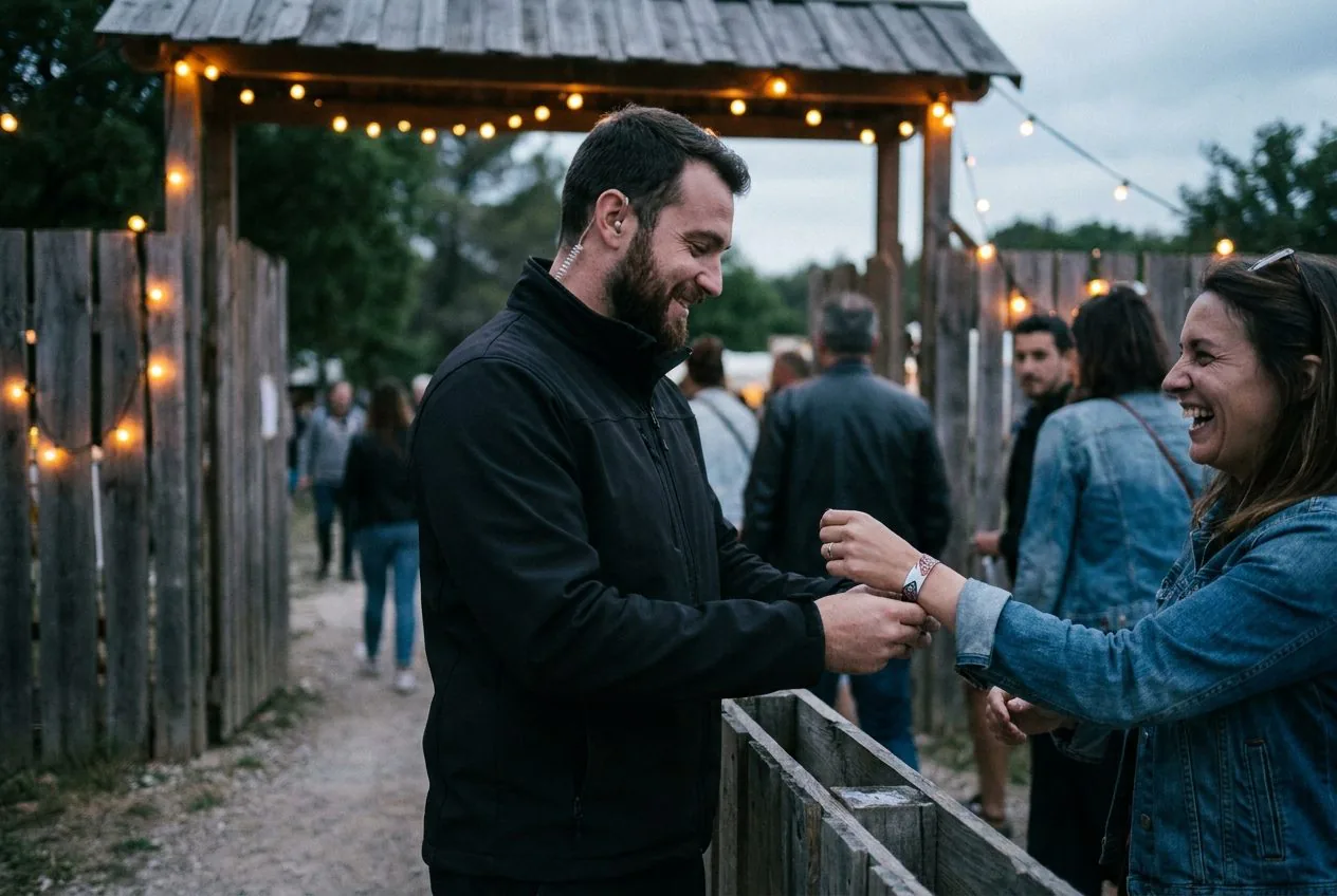 Contrôle des bracelets à l'entrée d'une fête locale