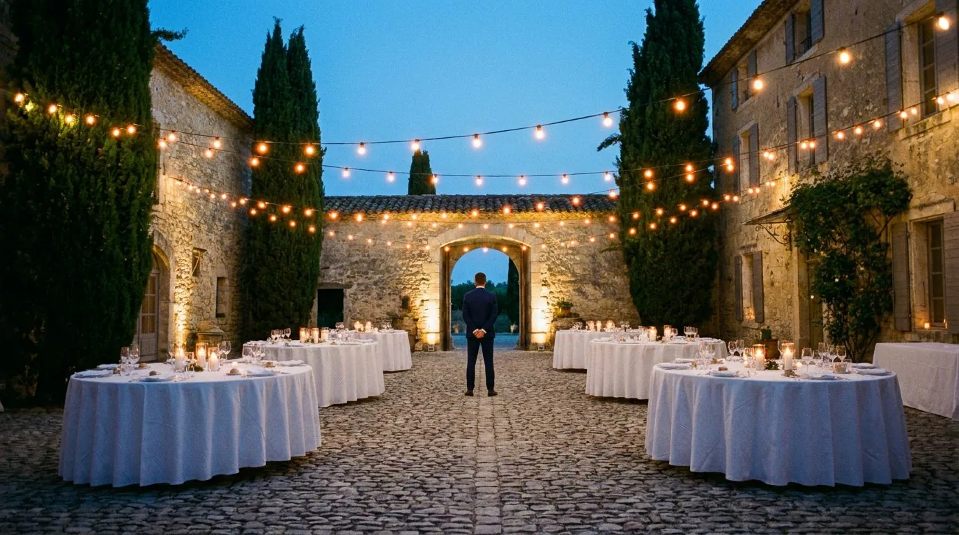 Cour d'un domaine provençal dressée pour une réception à l'heure bleue