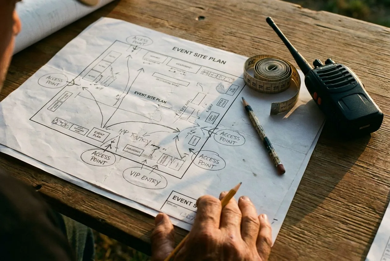 Plan de site annoté à la main, avec les points d'accès entourés